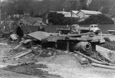 Image: Remains of No 2 gun lying near Ngauranga Gorge Road, Wellington, during the demolition of Fort Kelburne