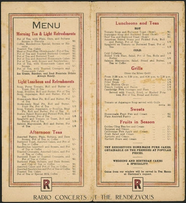 Image: [Rendezvous Luncheon & Tea Rooms]: Menu. Radio concerts at the Rendezvous [1930s?]