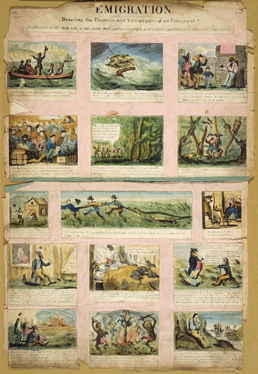 Image: Grant, J. G. fl 1840s? :Emigration. Detailing the progress and vicissitudes of an emigrant!! Dedicated to all those who would leave their native country to seek a better condition in a distant foreign land. [London. J. G. Grant invented. On stone & printed by G. Davies. E. Lacey [publisher] 1834?]