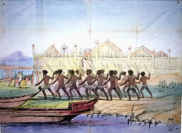 Image: [Angas, George French], 1822-1886 :[War dance before the pah of Ohinemutu, near Rotorua Lake, 1844] / Working Men's Educational Union WM 43. [1850s or early 1860s. After Joseph Jenner Merrett]