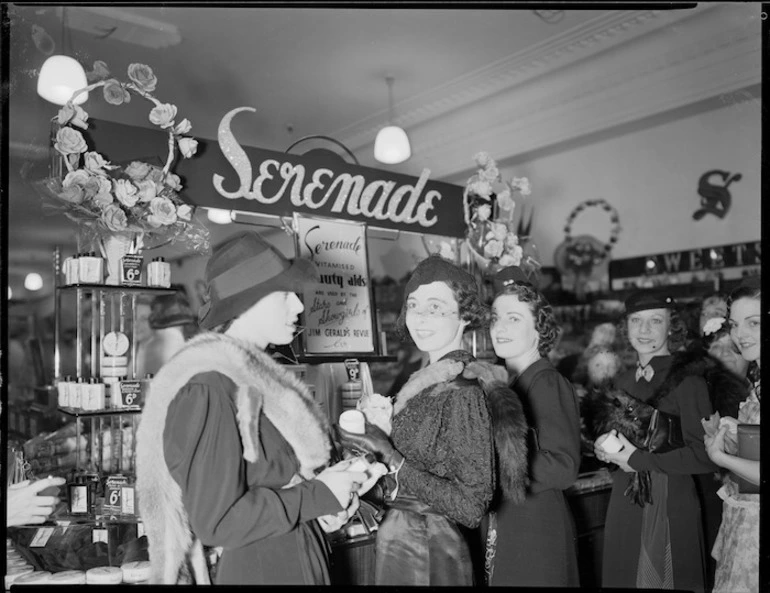 Image: Women in a department store, alongside a display of Serenade beauty creams