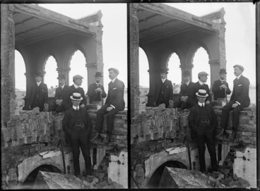 Image: Unidentified group amongst the ruins of Parliament Buildings, Wellington, after the 1907 fire