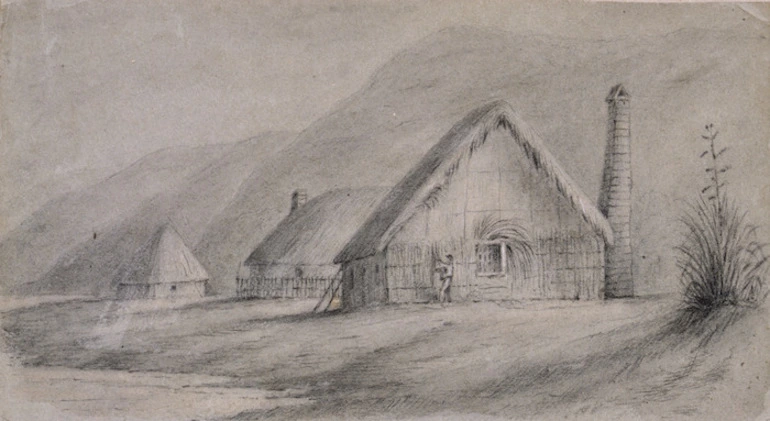 Image: Swainson, William 1789-1855 :Hutts [sic] of the first settlers Petoni Beach. [1840].