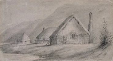 Image: Swainson, William 1789-1855 :Hutts [sic] of the first settlers Petoni Beach. [1840].