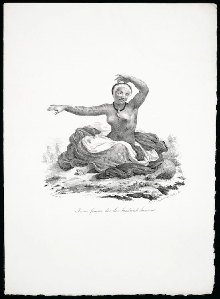 Image: Arago, Jacques Etienne Victor, 1790-1854 :Jeune femme des iles Sandwich dansant. Js Arago fect.; Lith de Langlume et de l'Abbaye N 4 [? From his "Promenade autour du monde, pendant les annees 1817, 1818, 1819 et 1820". Paris, Leblanc, 1822]