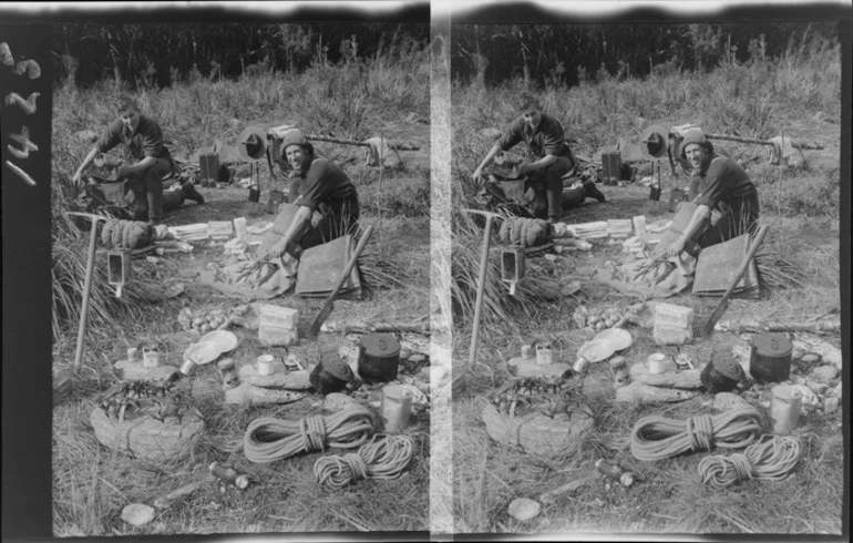 Image: Edgar Williams and unidentified man sorting out their camping equipment, West Coast region