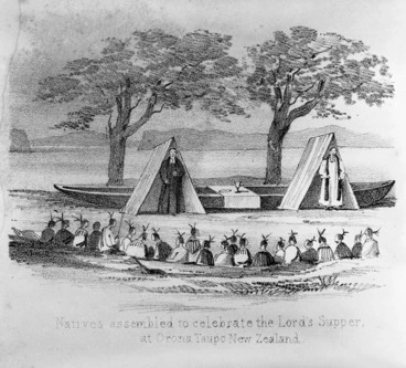 Image: Artist unknown :Natives assembled to celebrate the Lord's Supper at Orona, Taupo, New Zealand. [1845]