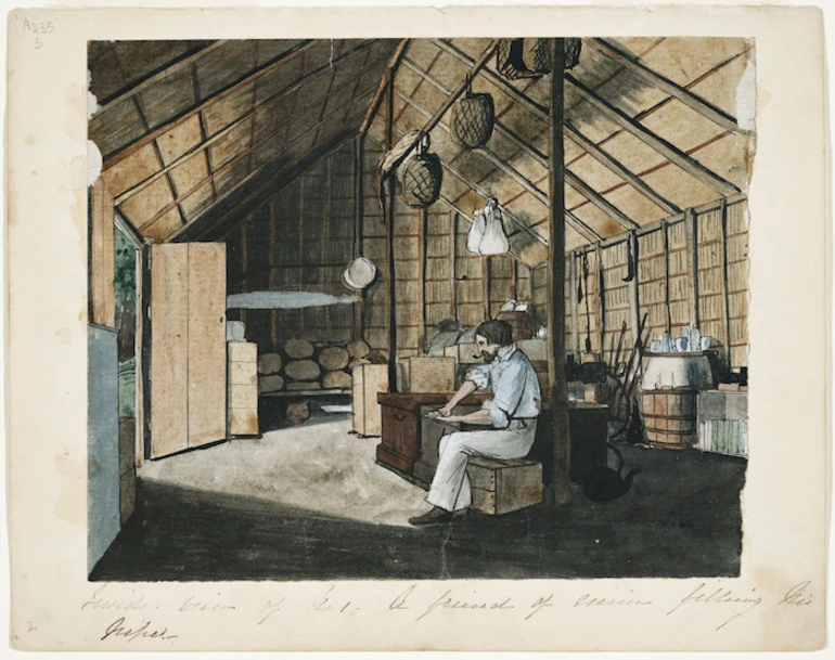 Image: [Cooper, Alfred John] 1831-1869 :[Interior of settler's house, Mohaka 1855? Lavin's first house, Kaikaia, Mohaka]