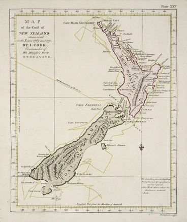 Image: [Cook, James] 1728-1779 :Map of the coast of the New Zealand discovered in the years 1769 and 1770, By I. Cook, Commander of His Majesty's Bark Endeavour. B. Longmate sculpsit. [London, 1773]