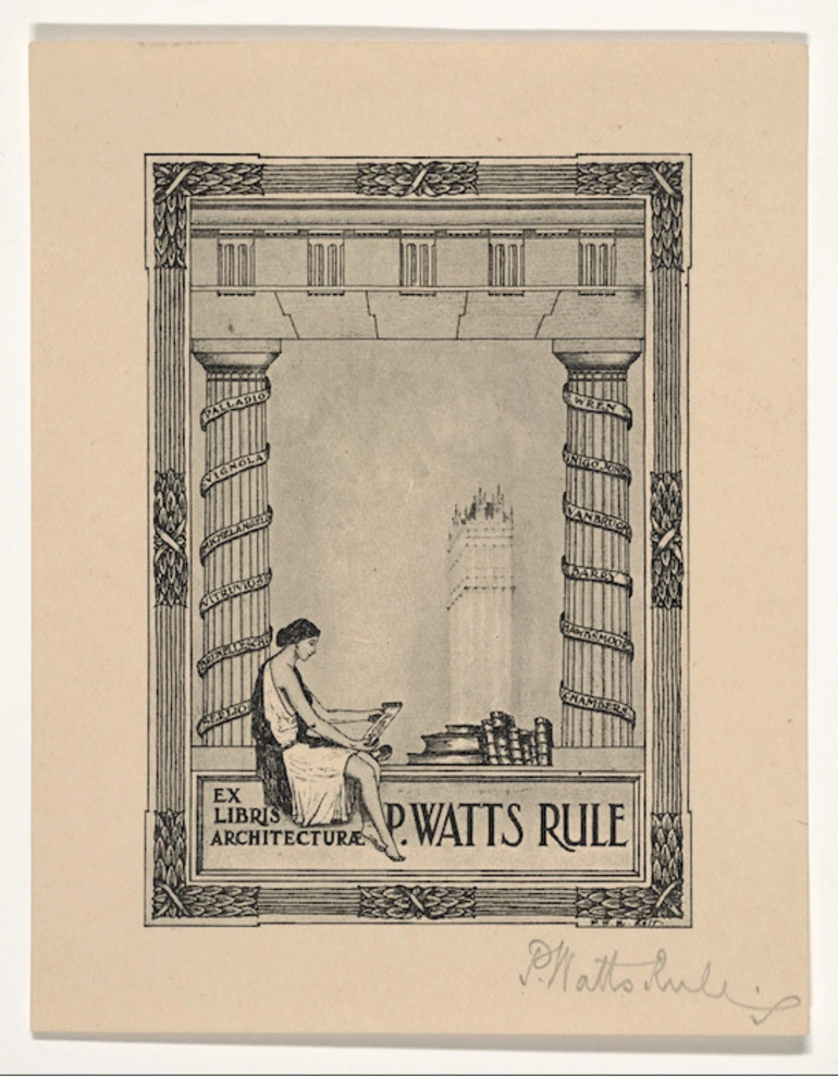 Image: Rule, Percival Watts, 1889-1953 :Ex libris architecturae P Watts Rule. P.W.R. delt. [1930s?]