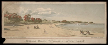 Image: Watkins, Kennett, 1847-1933 :Takapuna Beach, 'a favourite summer resort'. Litho. at the N.Z. Graphic and Star Printing Works, from a painting by K Watkins. 1894.