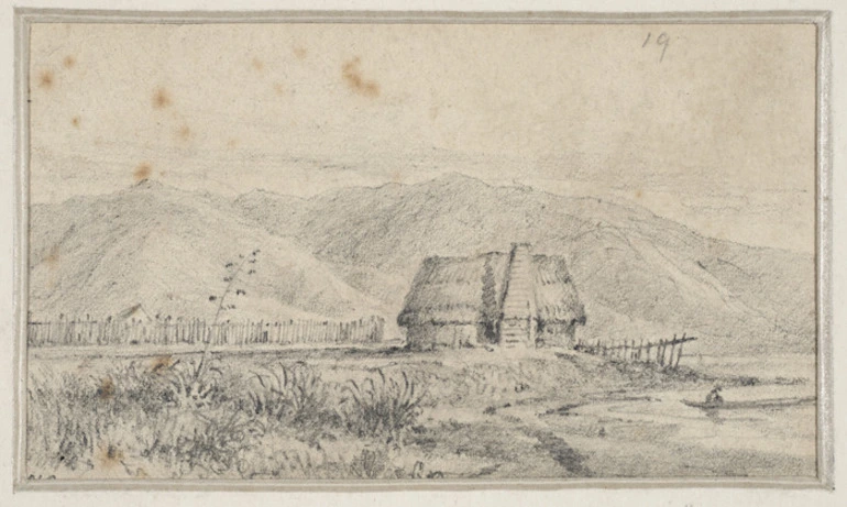 Image: Swainson, William, 1789-1855 :[Thatched cottage and pa beside the sea, Petone Beach, ca 1845]