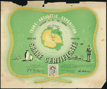 Image: Trans-Antarctic Expedition (1955-1958) :Trans-Antarctic Expedition, patron H.M. the Queen. Share certificate 1956-58 [one pound - green and yellow]. Offset by C M Banks Ltd [1956?]