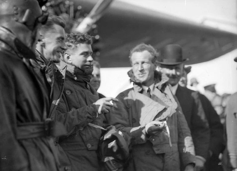 Image: Charles Edward Kingsford Smith, and others, upon the arrival of the aeroplane Southern Cross at Wigram, Christchurch