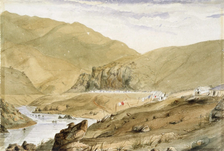 Image: Artist unknown :[Gold-mining village in Central Otago, probably Hartley & Riley's Dunstan diggings on the Clutha. 1862?]