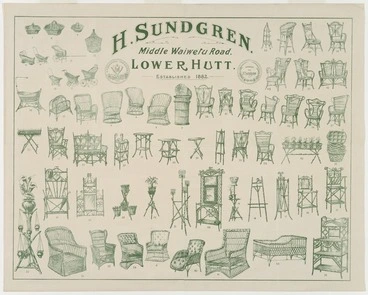 Image: H Sundgren, fl 1880-1920s :H. Sundgren, Middle Waiwetu Road, Lower Hutt, established 1882. [Poster of wicker furniture samples. 1886-1908].