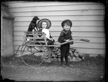 Image: Portrait of a young Edgar Williams, a dog and an unidentified young boy playing with a toy wooden rickshaw outside the Williams' home, 'View Bank', Maitland Street, Dunedin