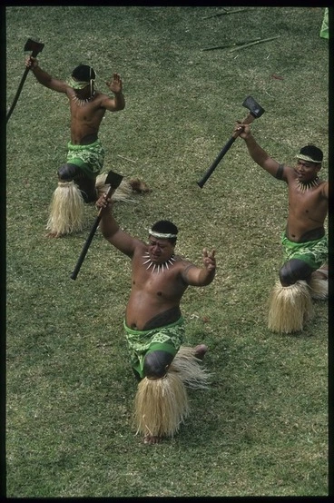 Image: Samoan men with axes performing at the 8th Festival of Pacific Arts, Noumea, New Caledonia