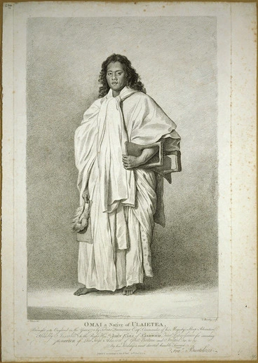 Image: Holland, Nathaniel Dance (Sir) 1734-1811 :Omai, a native of Ulaietea. Brought into England in the year 1774 by Tobias Furneaux Esq.re, Commander of his Majesty's Sloop Adventure. Humbly inscribed to the Right Hon.ble John Earl of Sandwich, First Commissioner for executing the office of Lord High Admiral of Great Britain and Ireland &c, &c, &c. By his lordship's most devoted and humble servant Francesco Bartolozzi. F Bartolozzi sculp. ; N. Dance del. 1774