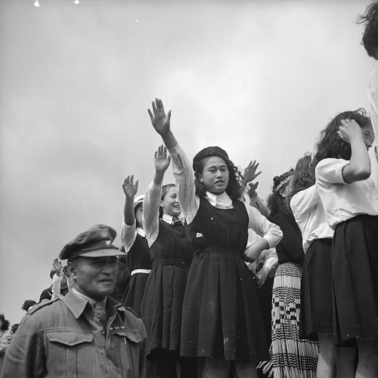 Image: School children performing a song during a hui for Te Moananui-a-Kiwa Ngarimu at Ruatoria