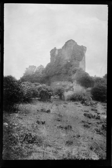 Image: Ruins of castle on top of hill, including tourist walking towards castle and men clearing bush on side of hill, Killarney, County Kerry, Ireland