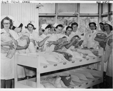 Image: Voluntary Aid Detachment nurses holding infants at the Alexandra Maternity Home in Wellington