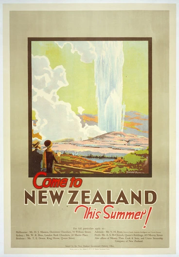 Image: King, Marcus, 1891-1983: Come to New Zealand this summer! Issued by the New Zealand Government Publicity Office. Wholly printed in New Zealand by W A G Skinner, Government Printer. [1930-1935]