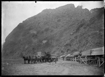 Image: A section of the beach tramway between Karekare and Whatipu, showing a horse-drawn wagon carting sawn timber on the beach.