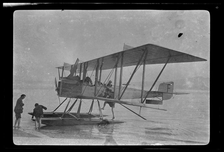 Image: B&W Boeing seaplane "F" parked in shallow water