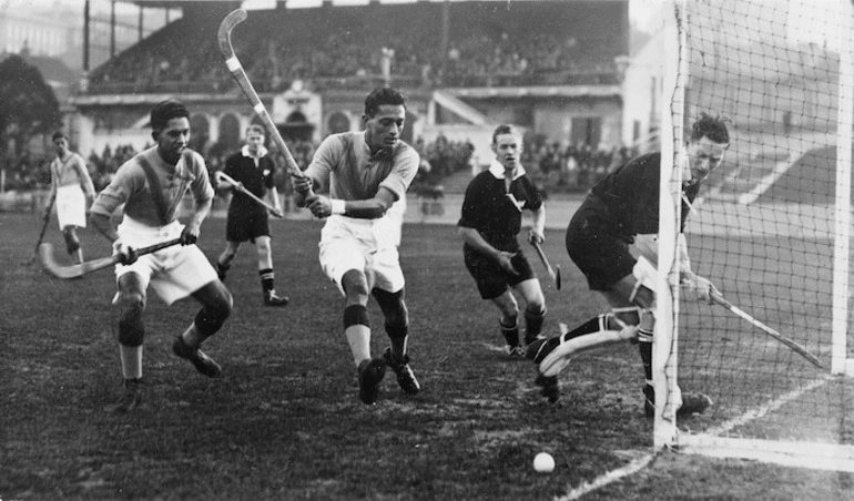 Image: Prince of Manavadar's Indian hockey team playing New Zealand, during a hockey test at Basin Reserve, Wellington - Photograph taken by Charles P S Boyer