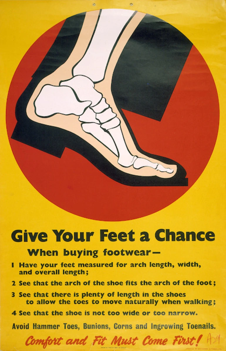 Image: New Zealand. Department of Health :Give your feet a chance. When buying footwear ... comfort and fit must come first! / issued by the N.Z. Dept. of Health. [1950s]