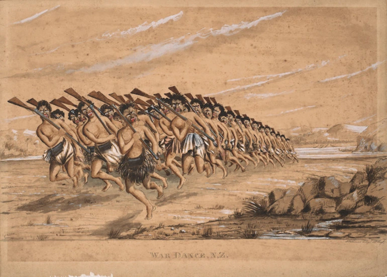 Image: Williams, John, d 1905 :War dance, N.Z. 1858.