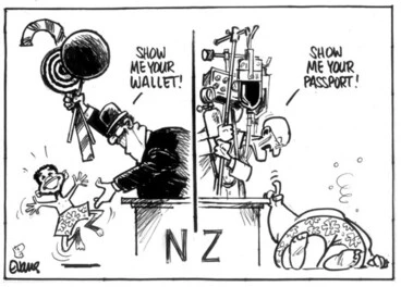 Image: Evans, Malcolm, 1945- :'Show me your wallet!' 'Show me your passport!' New Zealand Herald, 13 May 2003.