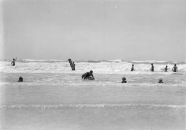 Image: Surfers and swimmers, New Brighton beach, Christchurch