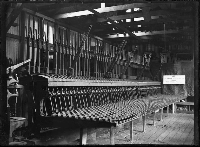 Image: A 63 Lever interlocking frame for Invercargill railway signal station, in the Petone Railway Workshops