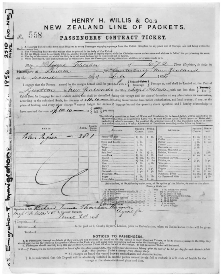 Image: Ticket for John Jesson's passage on board the ship Joseph Fletcher, from London, England, to Canterbury, New Zealand