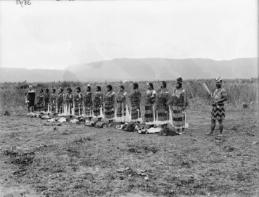 Image: A group waiting to perform a Waiata a ringa at Kaiwhaiki, Wanganui - Photograph taken by William Henry Thomas Partington