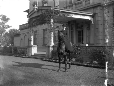 Image: Lady Constance Knox on her horse Bruno, in the grounds of Government House, Auckland