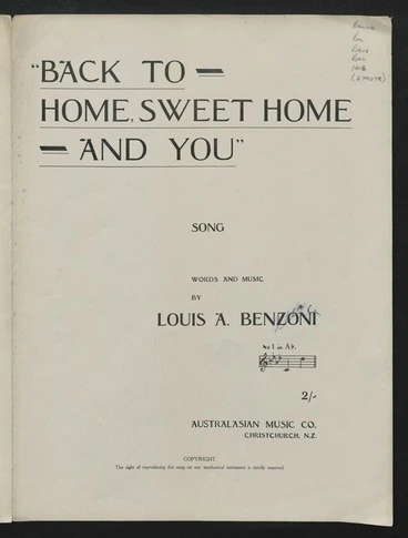 Image: Back to home, sweet home - and you / words and music by Louis A. Benzoni ; arr. by R. Aymond [i.e. Raymond] Hope.
