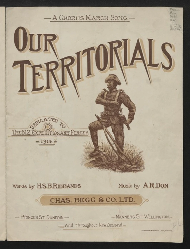 Image: Our Territorials : a chorus march song, dedicated to the Expeditionary Forces, 1914 / music by A.R. Don ; words by H.S.B. Ribbands.