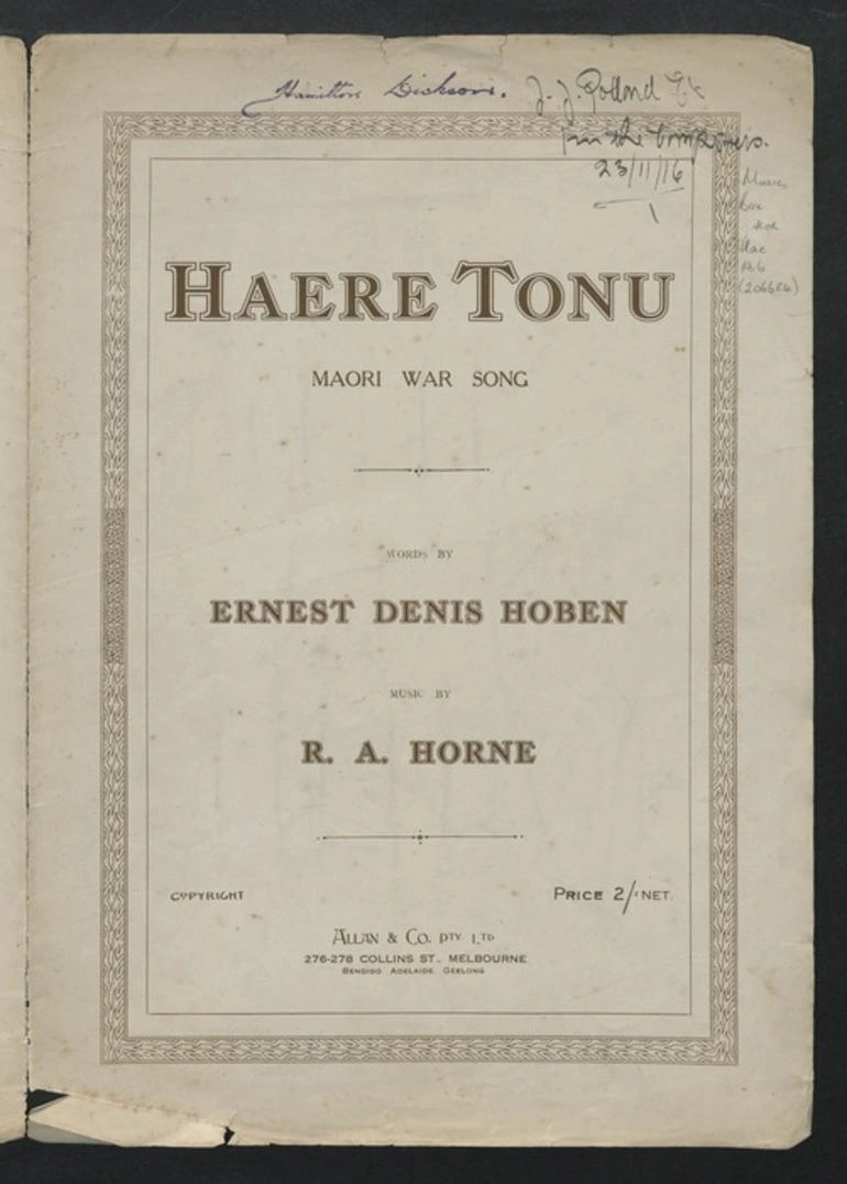 Image: Haere tonu : Māori war song / words by Ernest Denis Hoben ; music by R.A. Horne.