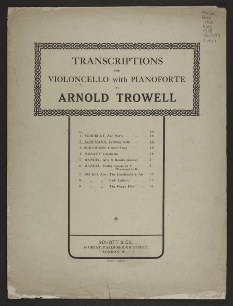 Image: Evening song (Abendlied) : op. 85, no. 12 / by Robert Schumann ; arranged by Arnold Trowell.