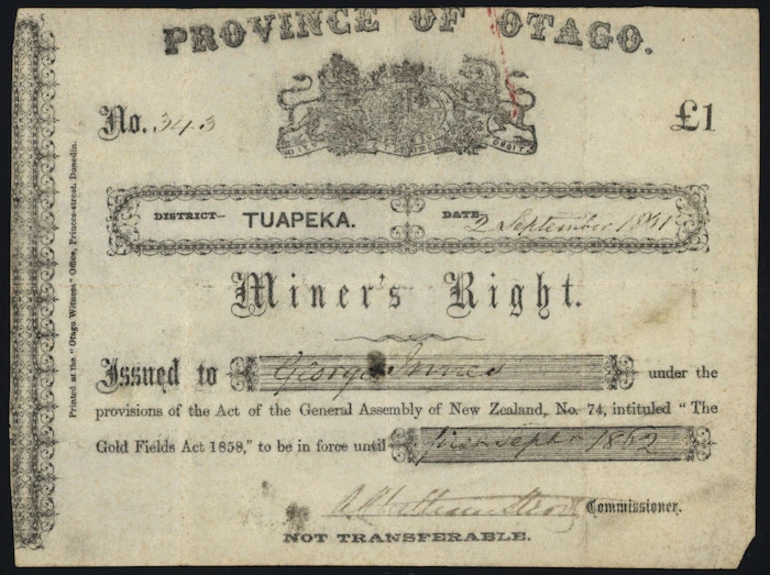 Image: Certificate of Miner's Right to Tuapeka Goldfield