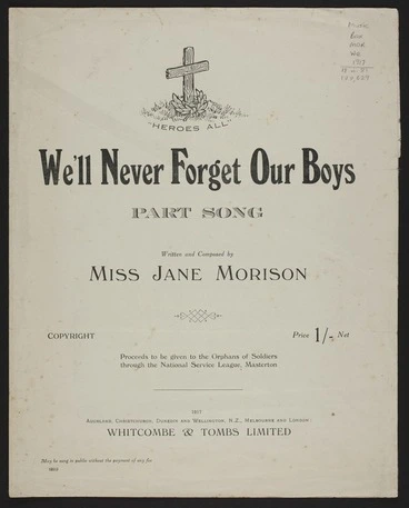 Image: We'll never forget our boys : part song / written and composed by Jane Morison ; [harmonised by H.W.].