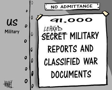 Image: 91,000 leaked military reports and classified war documents. 28 July 2010