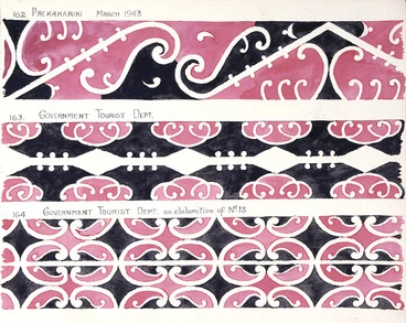 Image: Godber, Albert Percy, 1876-1949 :[Drawings of Maori rafter patterns]. 162. Paekakariki. March 1943; 163. Government Tourist Dept; 164. Government Tourist Dept. an elaboration of No 13. [1943].