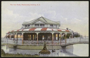 Image: [Postcard]. The tea kiosk, Racecourse, Feilding, N.Z. Dominion of New Zealand post card (carte postale), printed in Germany. Carthew's series. Protected no. 1695 [ca 1909]