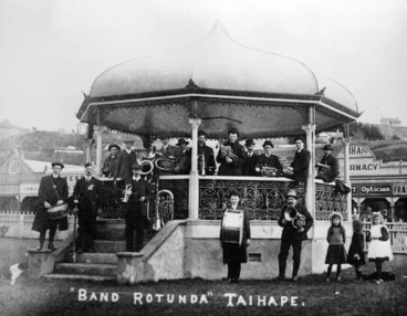 Image: Members of a brass band gathered in the band rotunda in Taihape