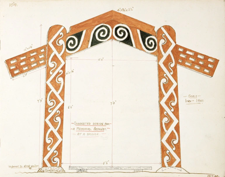 Image: Godber, Albert Percy, 1876-1949 :Suggested design for a memorial archway at a bridge (Tuai). Scale 1 inch = 1 foot. 23.7.[19]40.