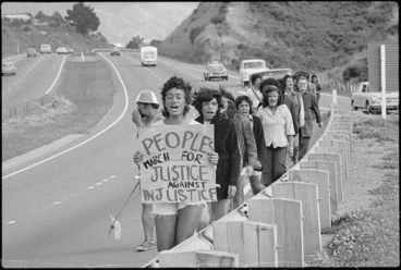 Image: Maori land marchers walking down the motorway from Porirua to Wellington